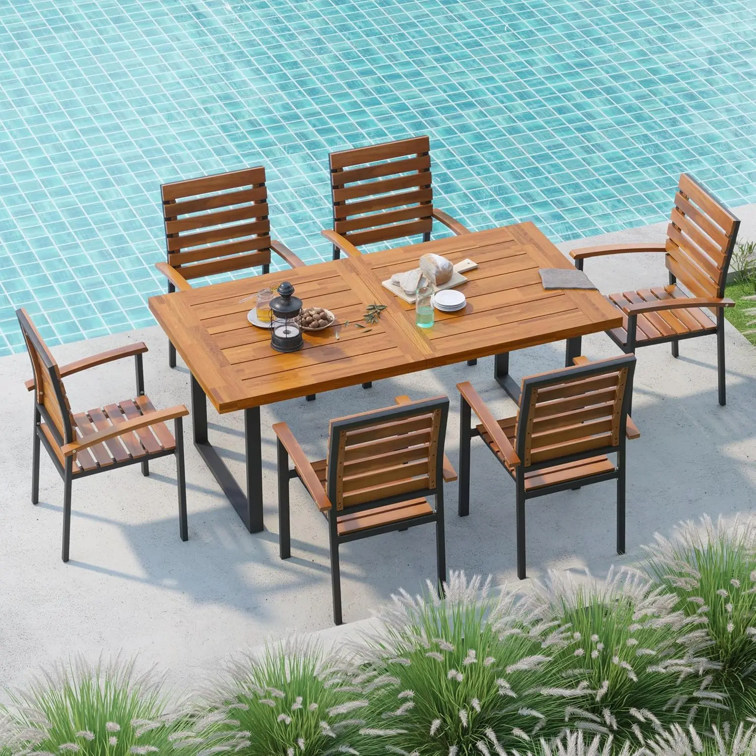 7 Piece Acacia Wood Outdoor Dining Set 59.1in Table Metal Frame Garden Balcony Backyard Poolside Brown Black Customized
7 Piece Acacia Wood Outdoor Dining Set 59.1in Table Metal Frame Garden Balcony Backyard Poolside Brown Black Customized