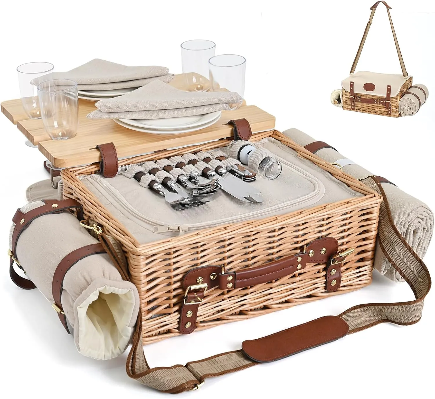 Insulated Wicker Picnic Basket Set for 4 with Blanket & Tableware, Natural
Insulated Wicker Picnic Basket Set for 4 with Blanket & Tableware, Natural