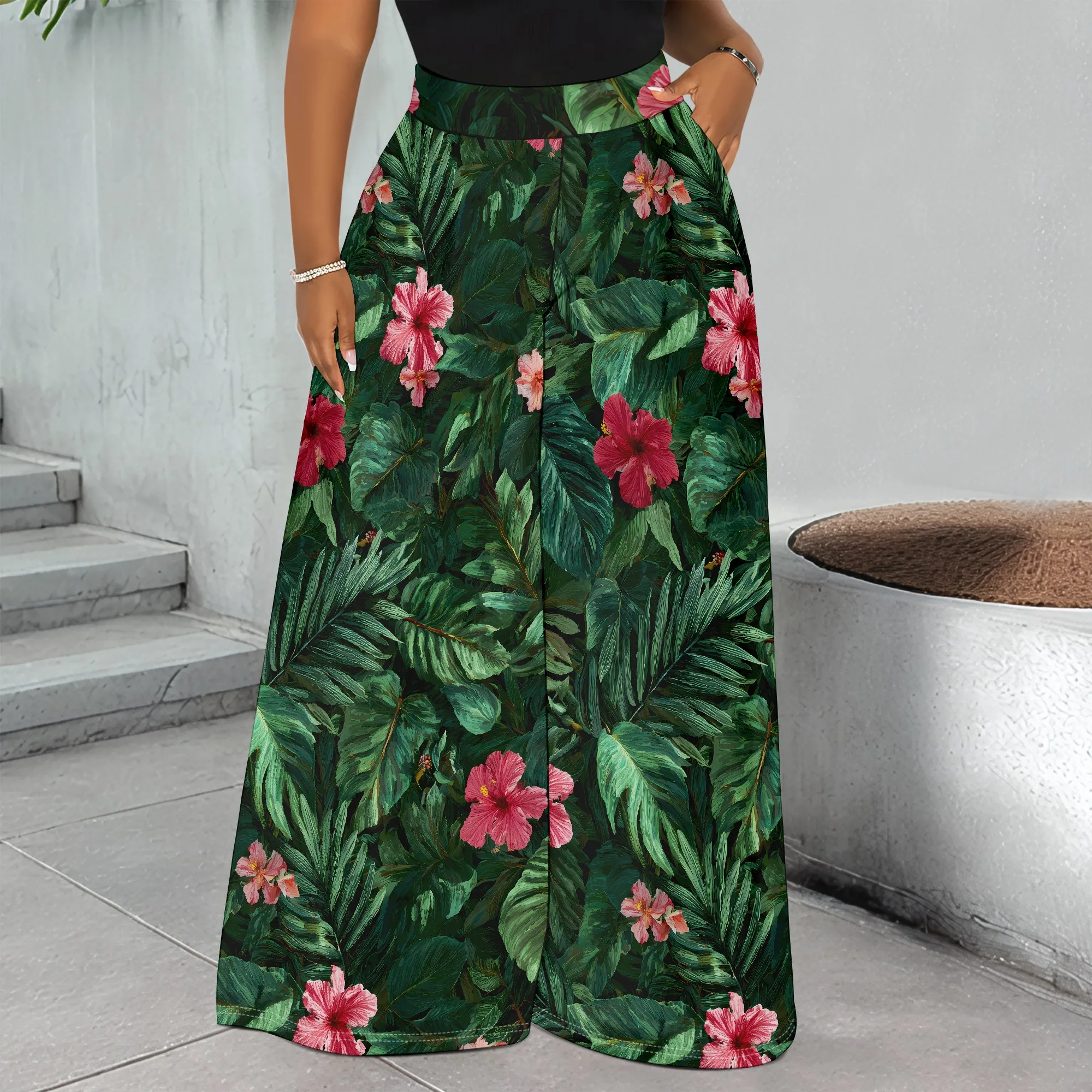 Tropical Print, Floral Wide Leg Pants, Hibiscus Leaves Pattern, Summer Vacation Wear, Women's Beach Trousers, S-2XL
Tropical Print, Floral Wide Leg Pants, Hibiscus Leaves Pattern, Summer Vacation Wear, Women's Beach Trousers, S-2XL