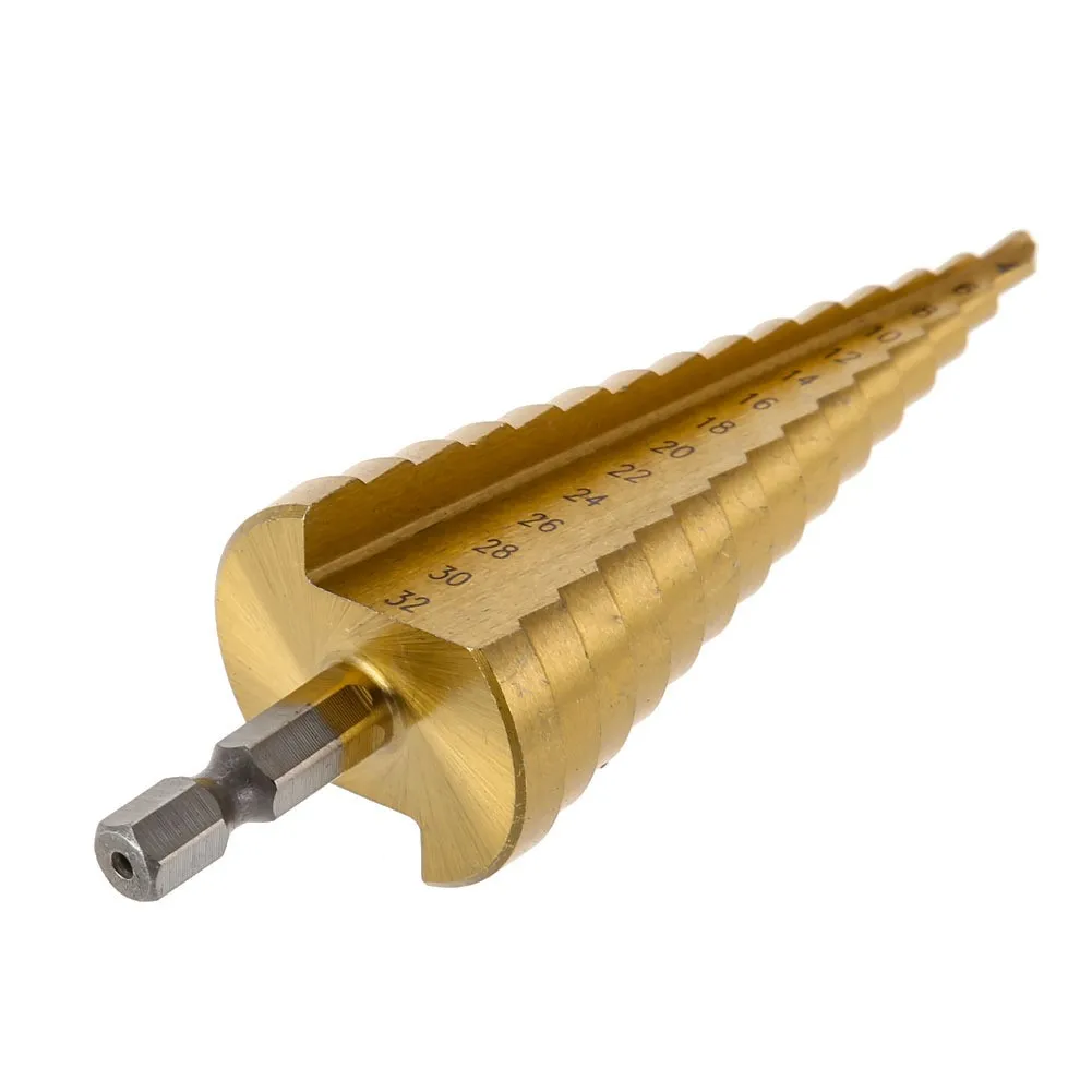 Titanium Coated HSS Step Drill Bit 4-32mm for Metal Wood Plastic Hole Cutter with 15 Steps Clearly Marked Anti-Slip Shank Design
Titanium Coated HSS Step Drill Bit 4-32mm for Metal Wood Plastic Hole Cutter with 15 Steps Clearly Marked Anti-Slip Shank Design