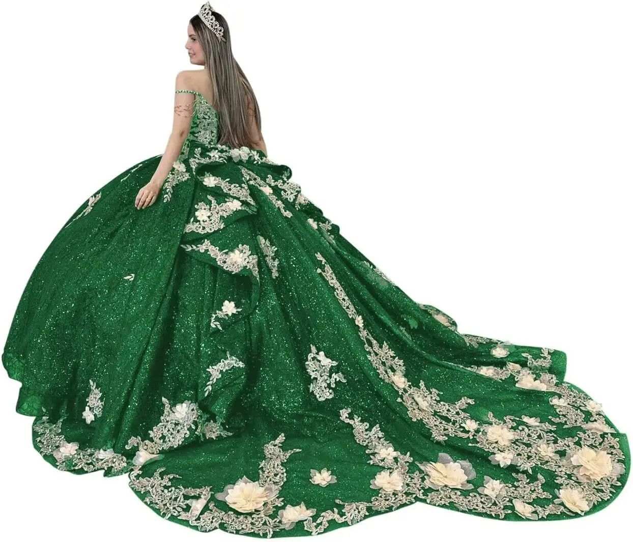 Gold Appliques Quinceanera Dresses with Train Spaghetti Strap Lace Sweet 16 Dresses Layered Ruffles Beaded Ball Gown
Gold Appliques Quinceanera Dresses with Train Spaghetti Strap Lace Sweet 16 Dresses Layered Ruffles Beaded Ball Gown