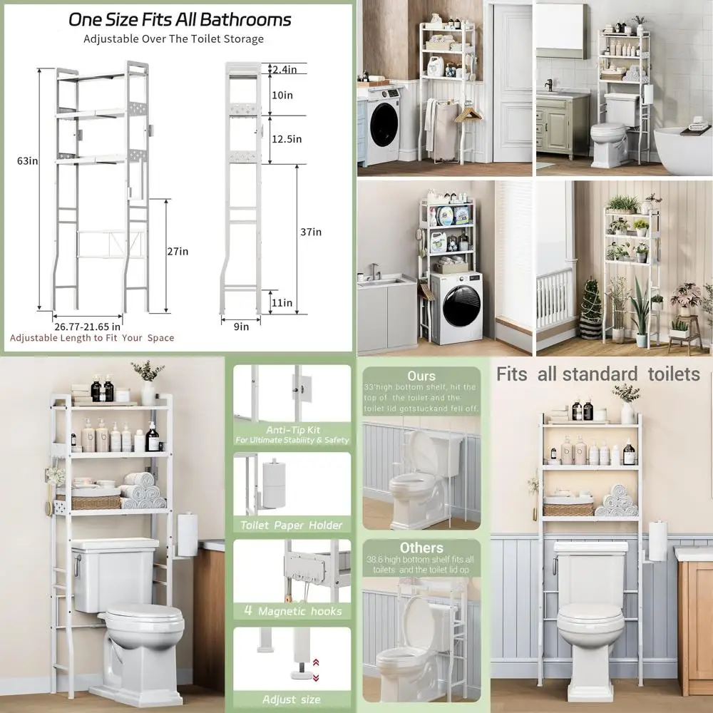 3-Tier Adjustable Bathroom Storage Shelf with Paper Holder and Hooks for Toilet Area
3-Tier Adjustable Bathroom Storage Shelf with Paper Holder and Hooks for Toilet Area