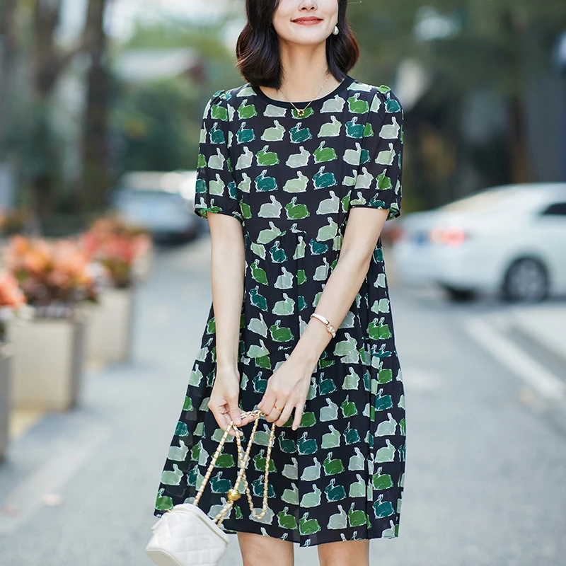 100% Real Silk Summer Dresses For Women Short Sleeve High Waist Vintage Dress A-line Animal Print Women's Casual Dress Loose
100% Real Silk Summer Dresses For Women Short Sleeve High Waist Vintage Dress A-line Animal Print Women's Casual Dress Loose