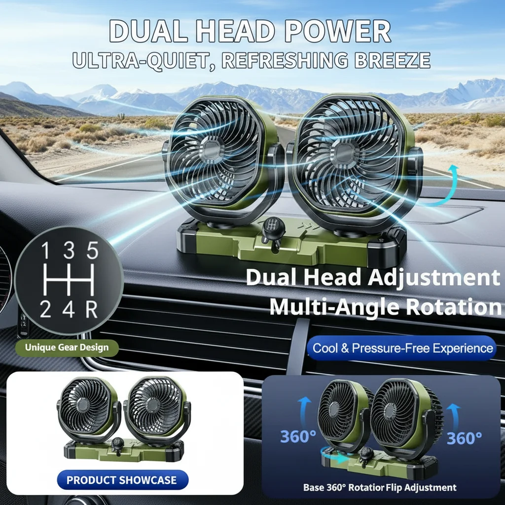 Dual Head Electric Car Fan for Large Trucks 24V Ultra Long Endurance Automatic Shaking Manual Gear Shifting Cooling System
Dual Head Electric Car Fan for Large Trucks 24V Ultra Long Endurance Automatic Shaking Manual Gear Shifting Cooling System