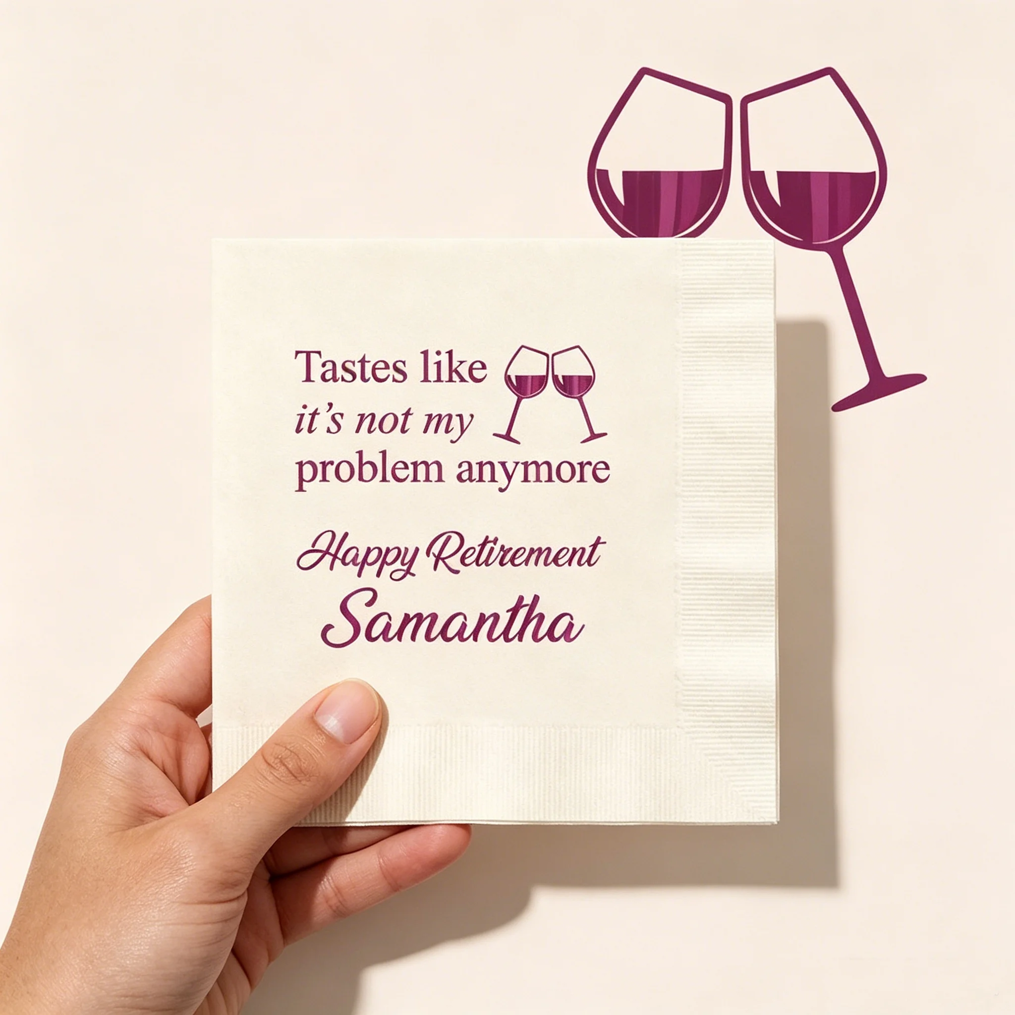 50pcs Custom "Happy Retirement" Napkins, Funny Wine Quote Personalized Name Pink Foil Disposable Cocktail Napkins, Multi-Colors
50pcs Custom "Happy Retirement" Napkins, Funny Wine Quote Personalized Name Pink Foil Disposable Cocktail Napkins, Multi-Colors