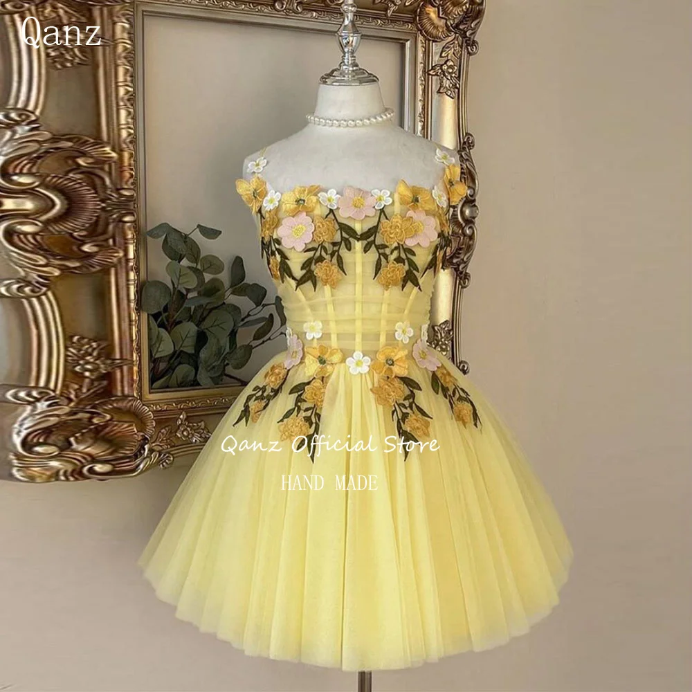 Qanz Yellow Tulle Mini Fairy Prom Dresses 3D Flowers Short A Line Vestido De Festa Backless Birthday Party Gowns Customized
Qanz Yellow Tulle Mini Fairy Prom Dresses 3D Flowers Short A Line Vestido De Festa Backless Birthday Party Gowns Customized