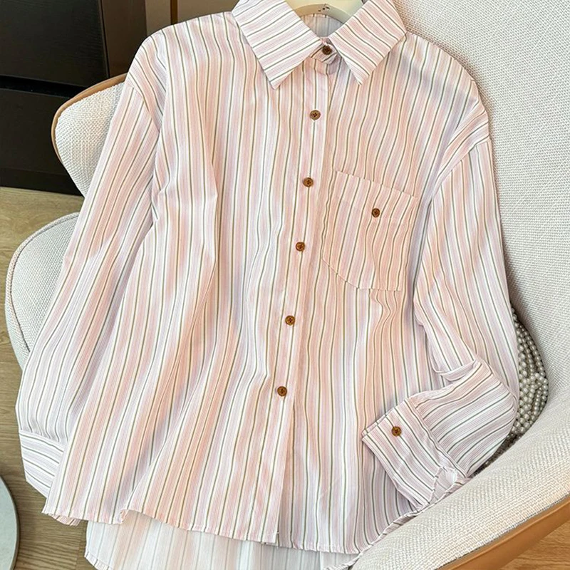 Summer Casual Korean Fashion Loose Buttons Single Breasted Striped Long Sleeve Women Shirts Easy Close to the People Wild Youth
Summer Casual Korean Fashion Loose Buttons Single Breasted Striped Long Sleeve Women Shirts Easy Close to the People Wild Youth