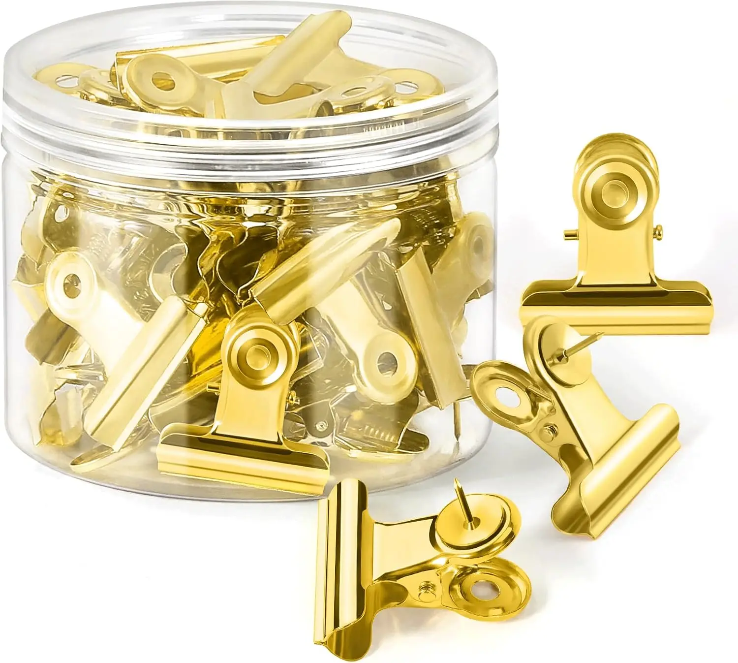 36 Gold Push Pins with Clips for Bulletin Board, Metal Thumb Tacks No Holes
36 Gold Push Pins with Clips for Bulletin Board, Metal Thumb Tacks No Holes