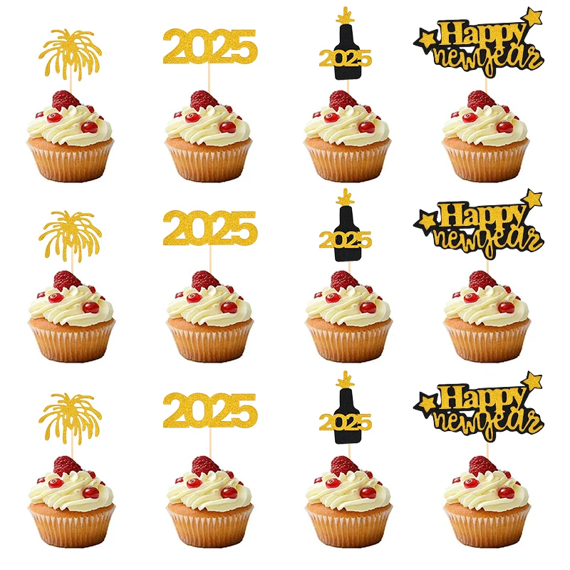 12Pcs Glitter Black Gold Happy New Year Cake Cupcake Toppers Set New Year 2025 Home Party Dessert Decoration Baking Accessories
12Pcs Glitter Black Gold Happy New Year Cake Cupcake Toppers Set New Year 2025 Home Party Dessert Decoration Baking Accessories