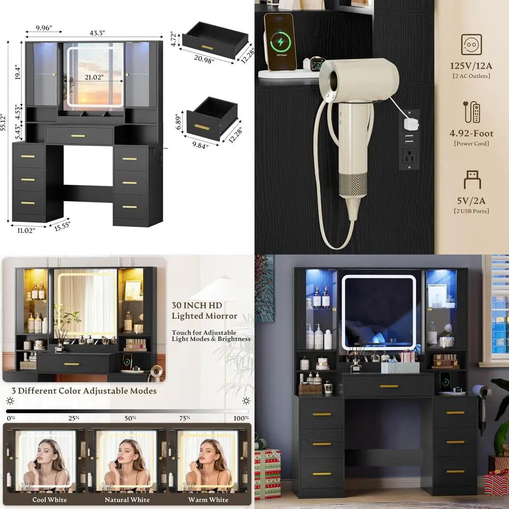 Black LED Lighted Vanity Desk with 7 Drawers and Glass Cabinet, Makeup Table Set with Power Outlet for Women
Black LED Lighted Vanity Desk with 7 Drawers and Glass Cabinet, Makeup Table Set with Power Outlet for Women