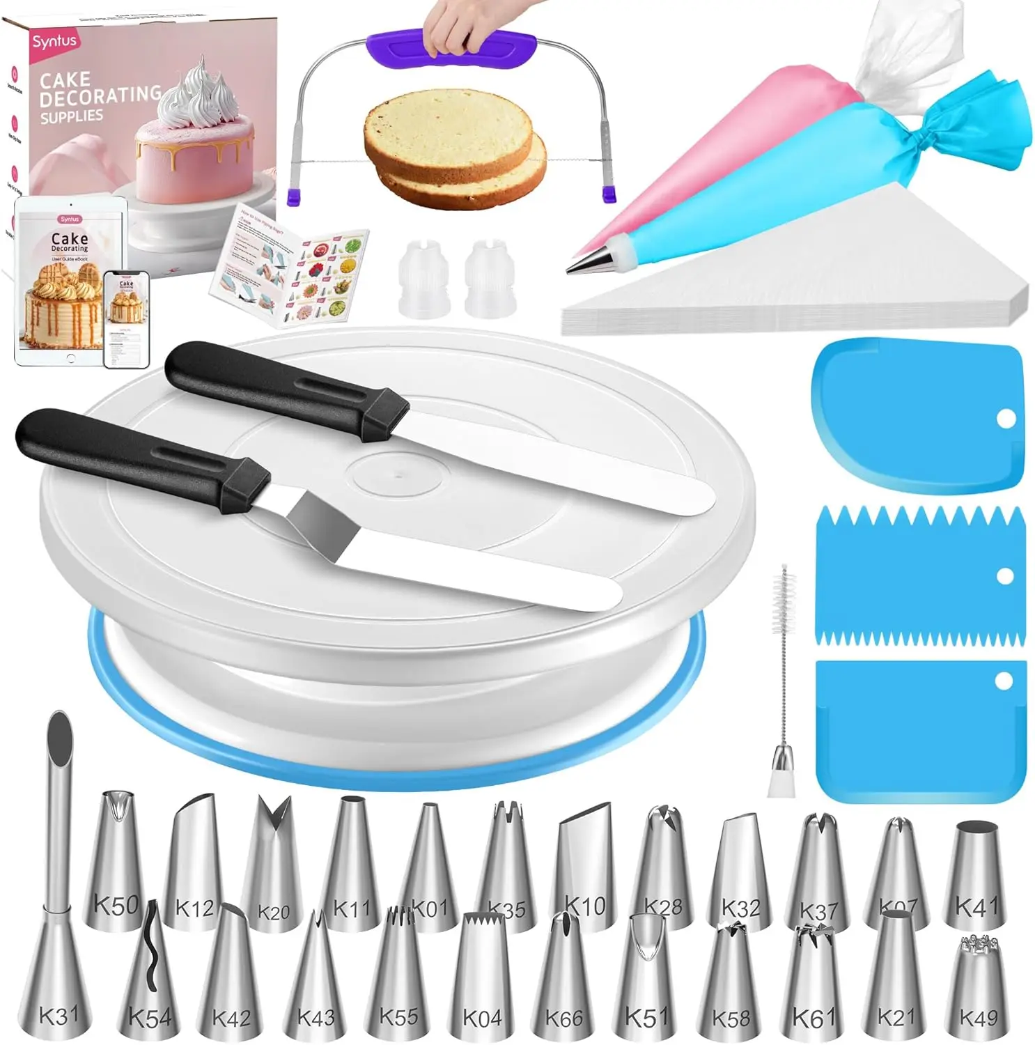 Syntus 65 PCs Cake Decorating Kit with Cake Stand Turntable, Cake Baking Supplies 30+1 Piping Bags, 24 Piping Tips, Offset & Straight Spatulas, 3 Scrapers, Leveler, 2 Couplers & 1 Tips Brush
Syntus 65 PCs Cake Decorating Kit with Cake Stand Turntable, Cake Baking Supplies 30+1 Piping Bags, 24 Piping Tips, Offset & Straight Spatulas, 3 Scrapers, Leveler, 2 Couplers & 1 Tips Brush