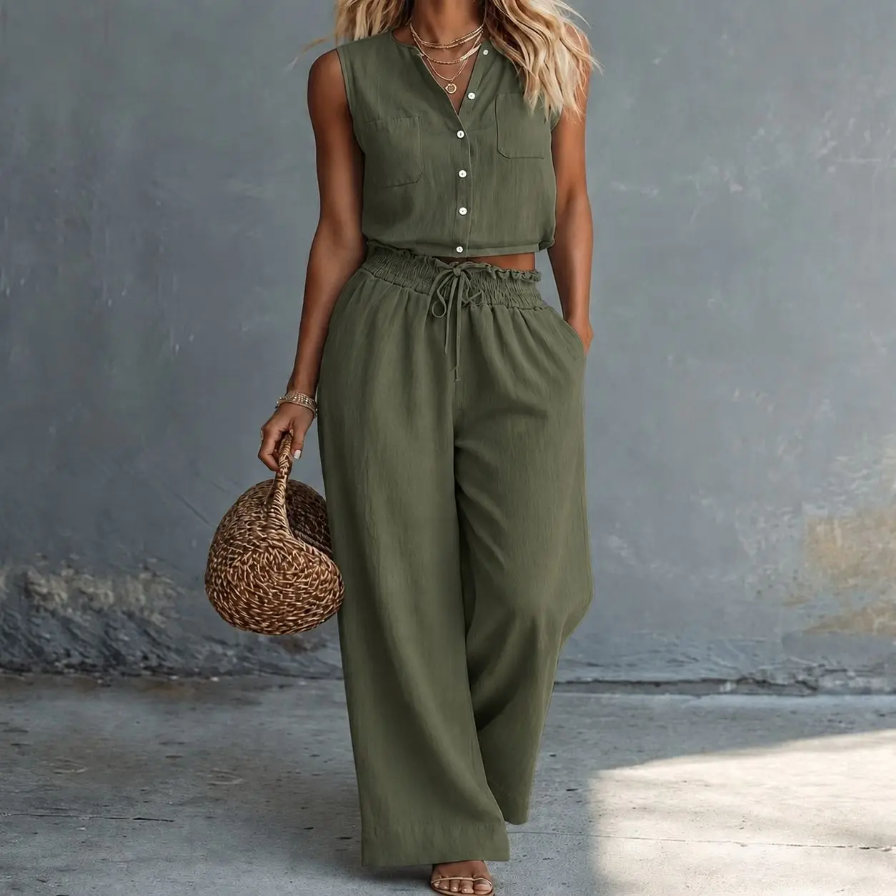 2026 Summer Women's Cotton Linen Set Sleeveless Crop Cardigan Top High Waist Cargo Wide Leg Pants 2 Piece Sets Tracksuit New
2026 Summer Women's Cotton Linen Set Sleeveless Crop Cardigan Top High Waist Cargo Wide Leg Pants 2 Piece Sets Tracksuit New