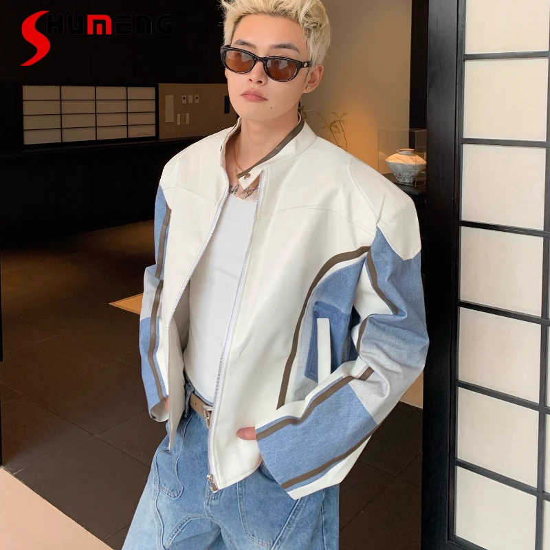 Мужские осенние кожаные куртки в американском стиле в стиле ретро с воротником-стойкой и подкладкой на плечах контрастного цвета, уличное пальто 
Мужские осенние кожаные куртки в американском стиле в стиле ретро с воротником-стойкой и подкладкой на плечах контрастного цвета, уличное пальто