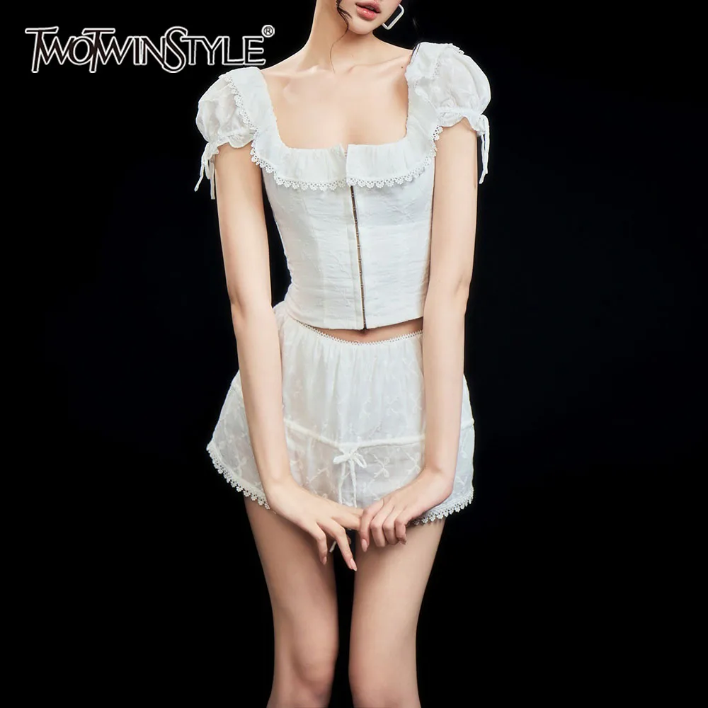 TWOTWINSTYLE Spliced Bow Two Piece Sets for Women Square Collar Puff Sleeve Slim Top High Waist Mini Skirt Solid Set Female 2026
TWOTWINSTYLE Spliced Bow Two Piece Sets for Women Square Collar Puff Sleeve Slim Top High Waist Mini Skirt Solid Set Female 2026
