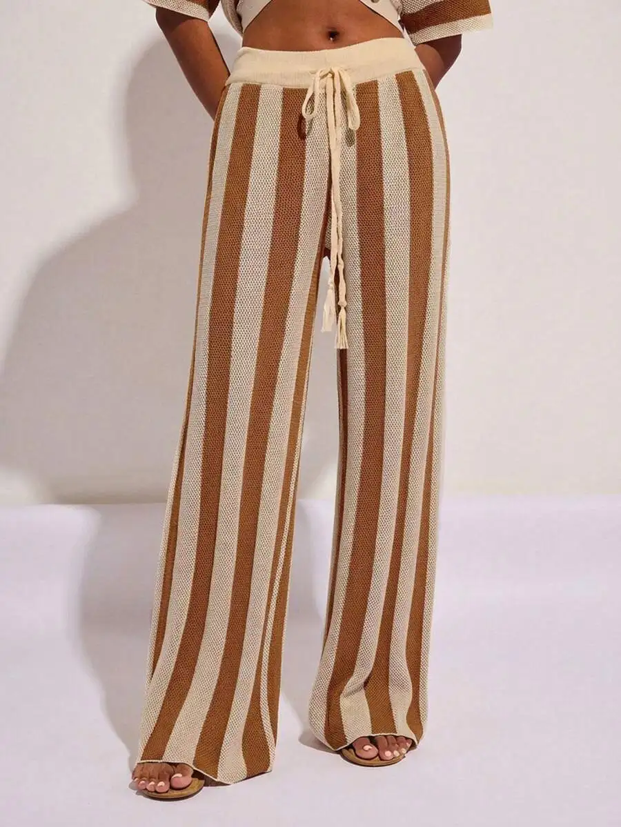 Womens Summer Striped Knit Wide Leg Pants With Drawstring Waist
Womens Summer Striped Knit Wide Leg Pants With Drawstring Waist