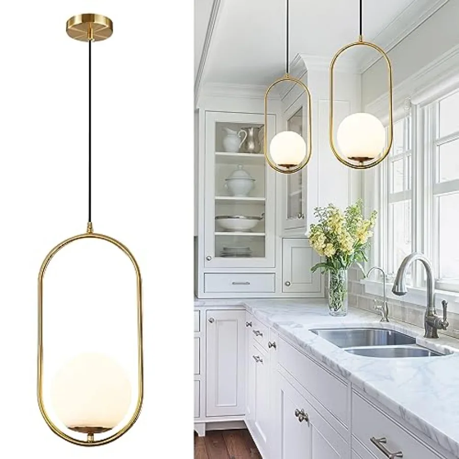 Mid Century Modern Globe Pendant Light Fixture Brushed Brass Gold Kitchen Island Pendant Lighting 1-Light Single White Glass Ba
Mid Century Modern Globe Pendant Light Fixture Brushed Brass Gold Kitchen Island Pendant Lighting 1-Light Single White Glass Ba