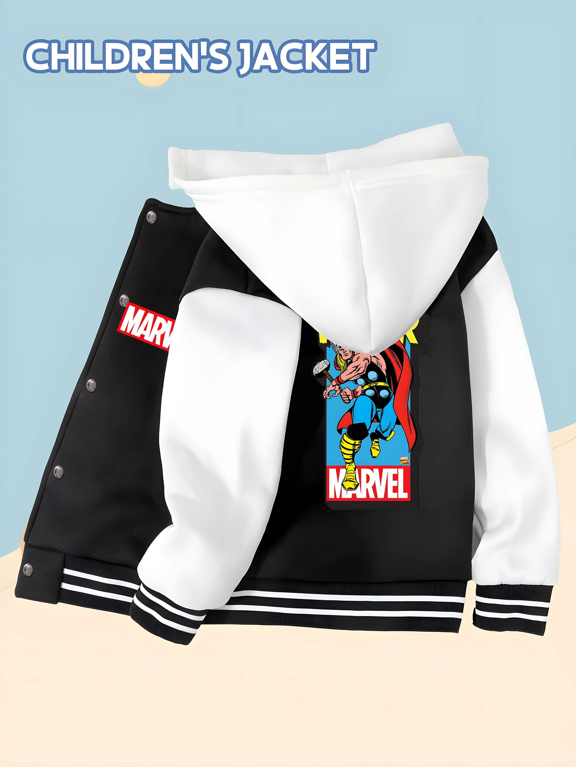 MINISO Baseball hooded Jacket - Thor's classic comic book style, double-sided pattern design, soft and comfortable fabric, fashi
MINISO Baseball hooded Jacket - Thor's classic comic book style, double-sided pattern design, soft and comfortable fabric, fashi