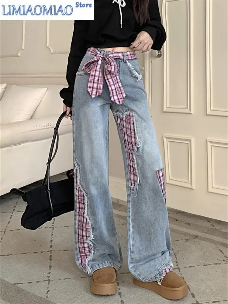 Women's Grid Splicing Bow Patch Jeans Sweet Girl Trouser High Waisted Vintage Streetwear Female Casual Y2K Denim Pants
Women's Grid Splicing Bow Patch Jeans Sweet Girl Trouser High Waisted Vintage Streetwear Female Casual Y2K Denim Pants