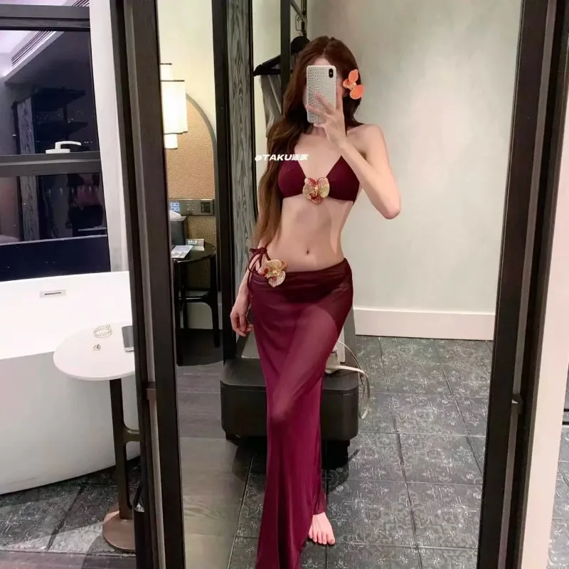 Womens Floral Decor Tie Side Bikini Three Piece Sheer Long Skirt Beach Hot Spring Swimwear
Womens Floral Decor Tie Side Bikini Three Piece Sheer Long Skirt Beach Hot Spring Swimwear