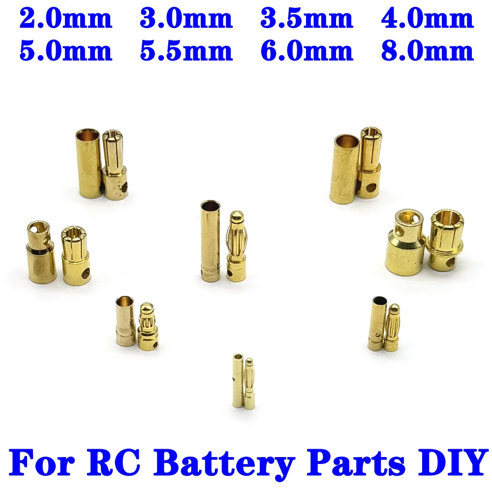2.0/3.0/3.5/4.0/5.0/5.5/6.0/8MM Bullet Banana Plug Gold-Plated Male Female Connector Battery Plugs Kits for RC Battery Parts DIY
2.0/3.0/3.5/4.0/5.0/5.5/6.0/8MM Bullet Banana Plug Gold-Plated Male Female Connector Battery Plugs Kits for RC Battery Parts DIY