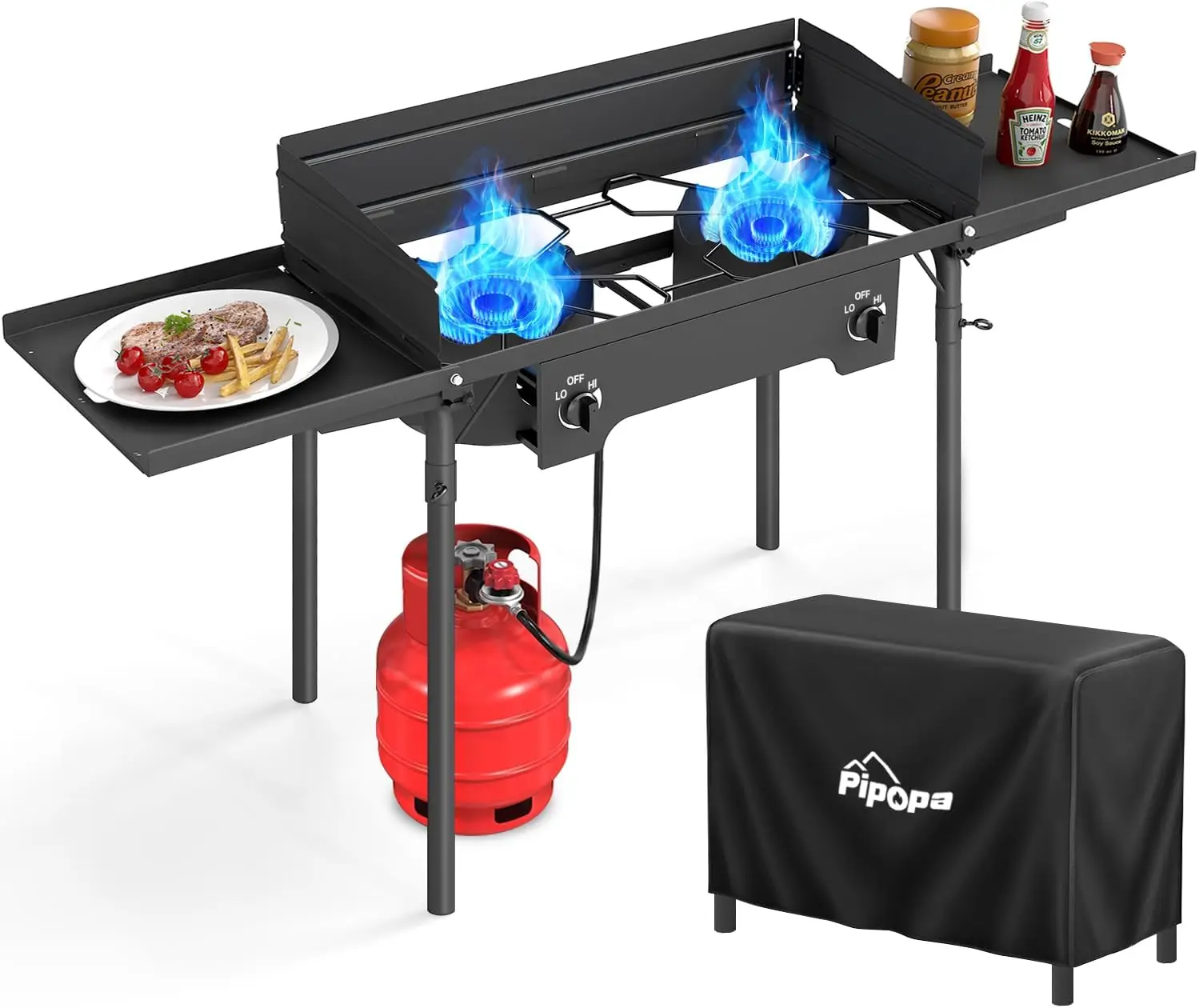 150,000 BTU Dual Burner Propane Camp Stove with Side Shelves, Windscreen, and Waterproof Cover for Outdoor Cooking
150,000 BTU Dual Burner Propane Camp Stove with Side Shelves, Windscreen, and Waterproof Cover for Outdoor Cooking