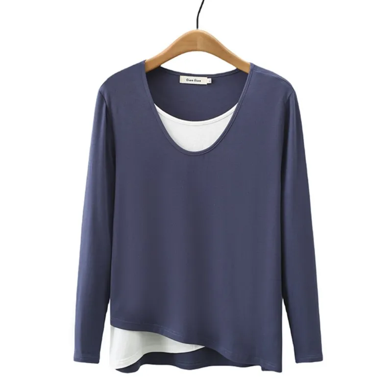 Fashion False Two Pieces Basics T-Shirt Womens Plus Size Autumn Winter Casual Clothing Long Sleeve Tees Bottoming Tops T82 8031
Fashion False Two Pieces Basics T-Shirt Womens Plus Size Autumn Winter Casual Clothing Long Sleeve Tees Bottoming Tops T82 8031
