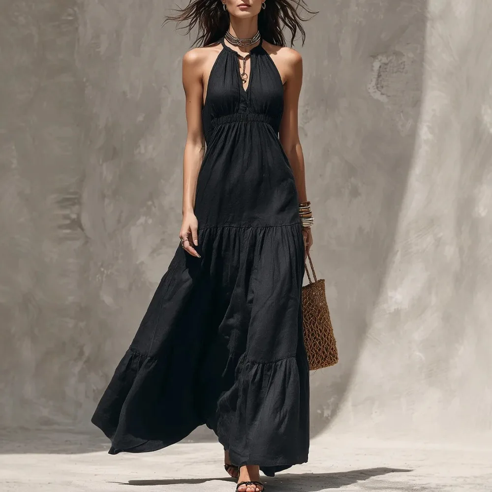 Women's Summer Halter Neck Maxi Dress Deep V Neck Elastic Waist Tiered Cake Swing Long Dress For Bohemian Daily Vacation
Women's Summer Halter Neck Maxi Dress Deep V Neck Elastic Waist Tiered Cake Swing Long Dress For Bohemian Daily Vacation