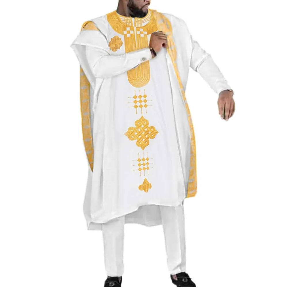 New African Clothes for Men Dashiki Tradition Outfit Robe Embroidery White Tops Pants Suits Bazin Muslim Wedding Party Clothing
New African Clothes for Men Dashiki Tradition Outfit Robe Embroidery White Tops Pants Suits Bazin Muslim Wedding Party Clothing