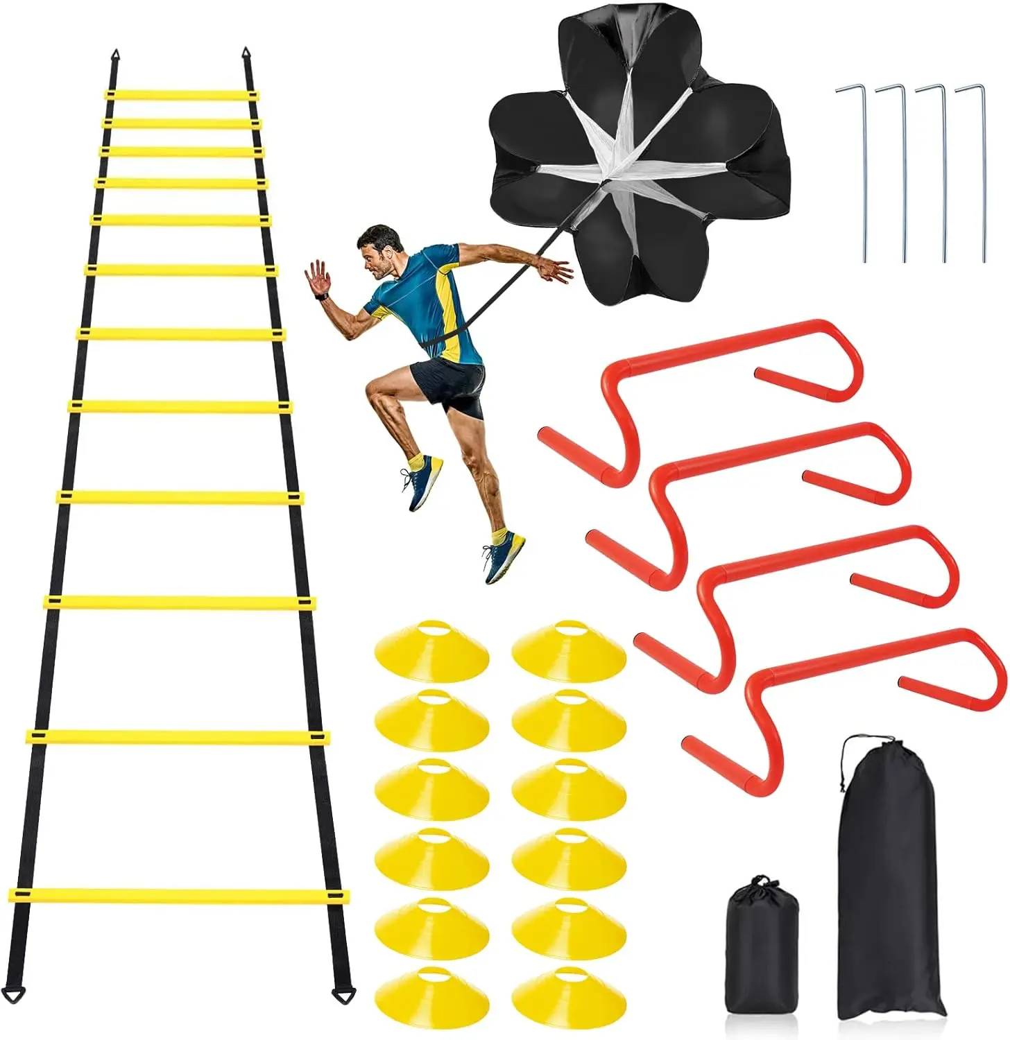 Speed & Agility Training Set with 12-Rung 20ft Ladder, 4 Hurdles, 12 Cones, Resistance Parachute for Football Soccer Basketball
Speed & Agility Training Set with 12-Rung 20ft Ladder, 4 Hurdles, 12 Cones, Resistance Parachute for Football Soccer Basketball