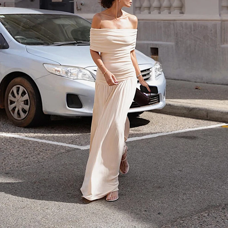 BKLD Women's Chic Elegant Off-shoulder Long Gowns Party Streetwear Solid Color Sexy Slash Collar Slim Fit Backless Pleated Dress
BKLD Women's Chic Elegant Off-shoulder Long Gowns Party Streetwear Solid Color Sexy Slash Collar Slim Fit Backless Pleated Dress