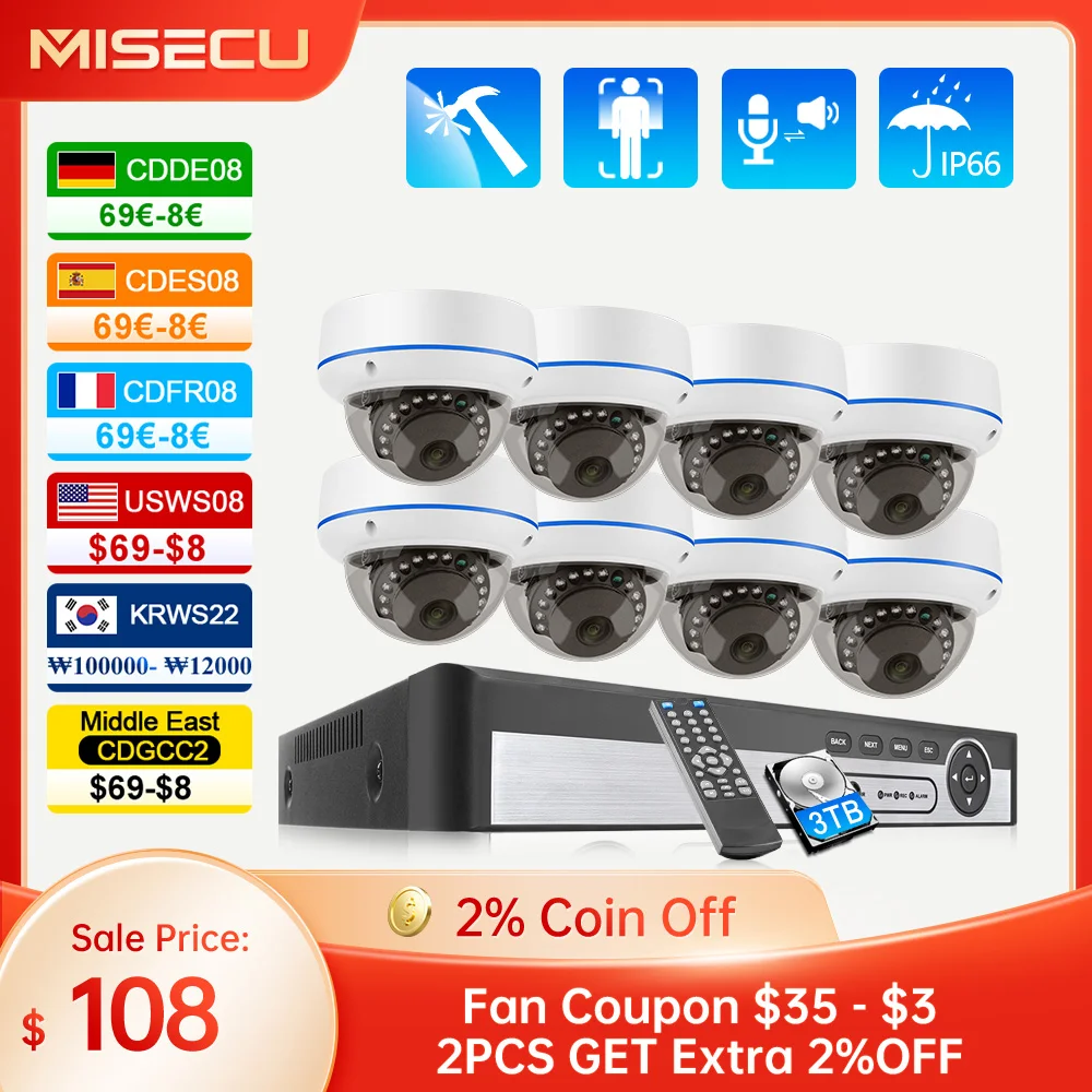 Misecu HD 5MP 4MP H.265 POE IP Camera Home Security Protection 2/4/6/8 PCS Vandalproof Dome Security Home Surveillance Cameras
Misecu HD 5MP 4MP H.265 POE IP Camera Home Security Protection 2/4/6/8 PCS Vandalproof Dome Security Home Surveillance Cameras