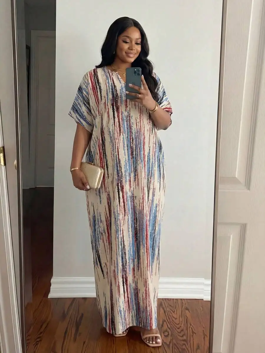 Elegant Casual V-Neck Striped Print Long Dress With Butterfly Sleeves Women Plus Size Boho Maxi Dress
Elegant Casual V-Neck Striped Print Long Dress With Butterfly Sleeves Women Plus Size Boho Maxi Dress