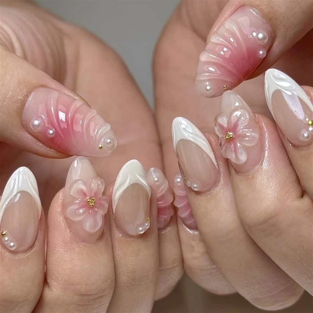 Pink Halo Dyeing Metal Bead Pearl 3D Water Ripple Flowers White French False Nails Detachable Finished Fake Nails Press on Nails
Pink Halo Dyeing Metal Bead Pearl 3D Water Ripple Flowers White French False Nails Detachable Finished Fake Nails Press on Nails