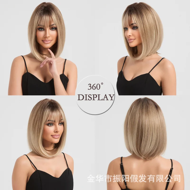 European American style, moldable high-temperature fiber, straight bangs women's full head wig gradient color bob short
European American style, moldable high-temperature fiber, straight bangs women's full head wig gradient color bob short