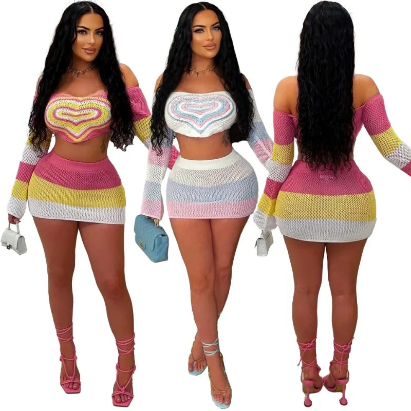 2025 Summer Knitted Contrast Colors Slim Casual 2 Piece Set Women Off Shoulder Slash Neck Crop Top Bodycon Mini Skirt Streetwear
2025 Summer Knitted Contrast Colors Slim Casual 2 Piece Set Women Off Shoulder Slash Neck Crop Top Bodycon Mini Skirt Streetwear