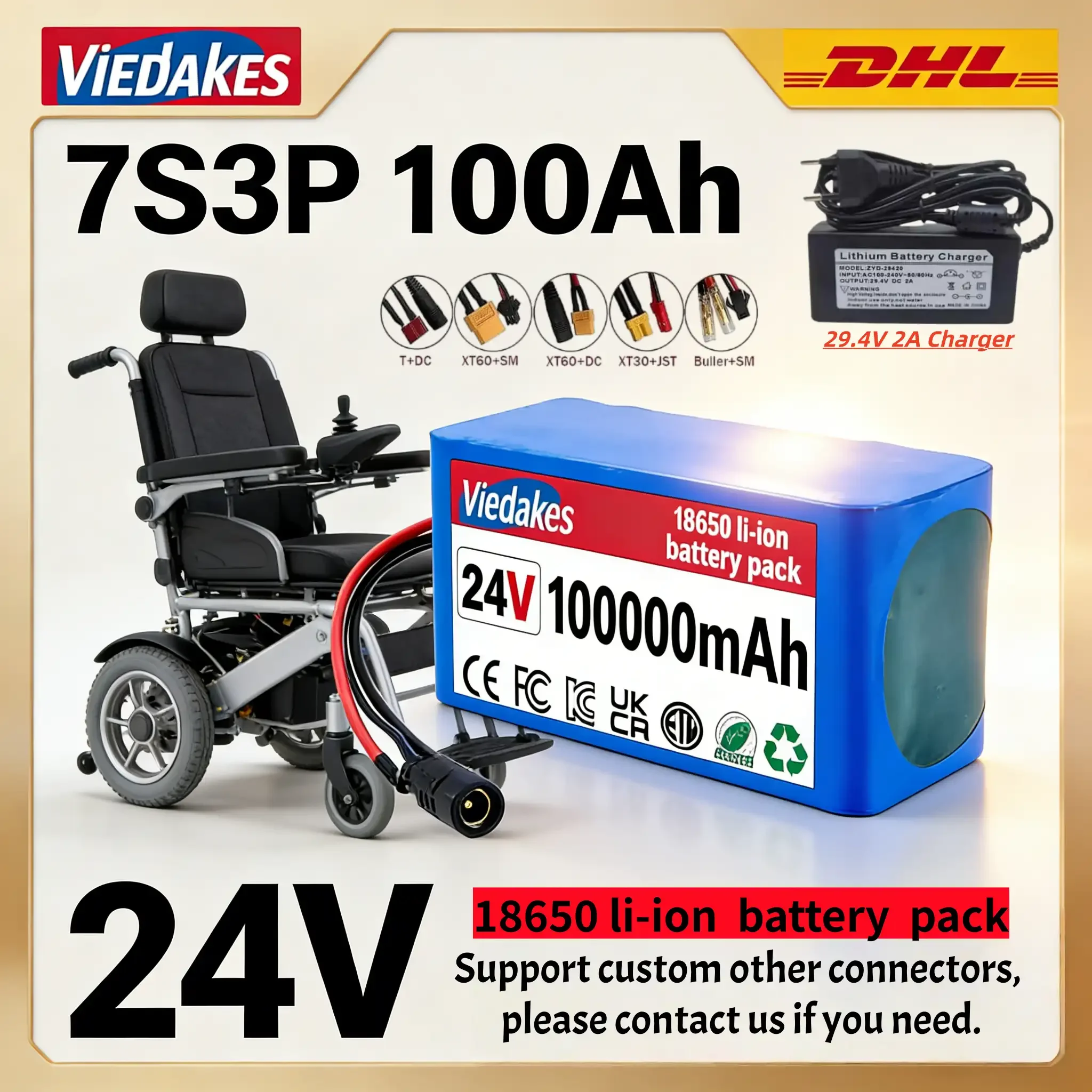 VEDAKES 24V 10Ah 7S3P Lithium Battery Pack with Charger for Electric Wheelchair 24V battery rechargeable with Custom Connector
VEDAKES 24V 10Ah 7S3P Lithium Battery Pack with Charger for Electric Wheelchair 24V battery rechargeable with Custom Connector
