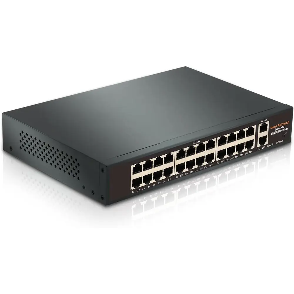 24-Port Gigabit PoE+ Switch with 2 Uplink Ports, 400W Power, IEEE 802.3at, VLAN, 250M Extension, Metal Enclosure
24-Port Gigabit PoE+ Switch with 2 Uplink Ports, 400W Power, IEEE 802.3at, VLAN, 250M Extension, Metal Enclosure