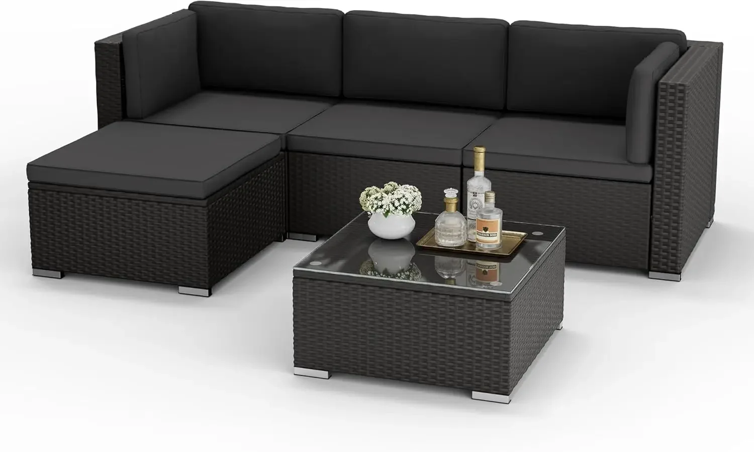 5-Piece Outdoor Patio Furniture Sofa Set Black Rattan Wicker Sectional Conversation Sets with Glass Top Table and Cushions(Grey)
5-Piece Outdoor Patio Furniture Sofa Set Black Rattan Wicker Sectional Conversation Sets with Glass Top Table and Cushions(Grey)