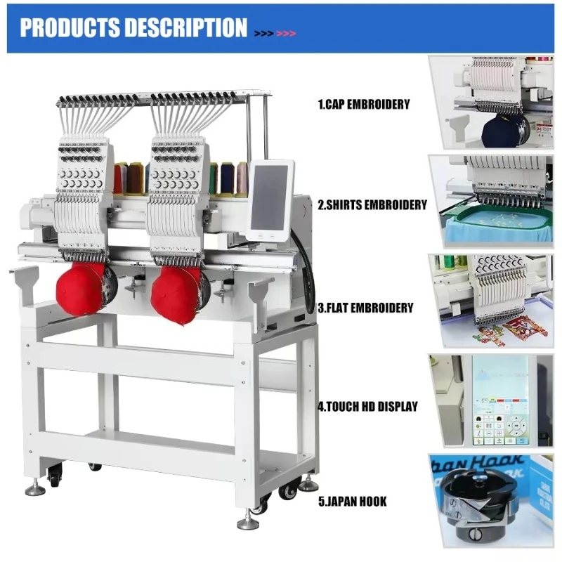 High Speed 2 Heads Computerized Embroidery Machine Multifunction Flat Embroidery Machine Industrial Automatic Embroidery Machine
High Speed 2 Heads Computerized Embroidery Machine Multifunction Flat Embroidery Machine Industrial Automatic Embroidery Machine