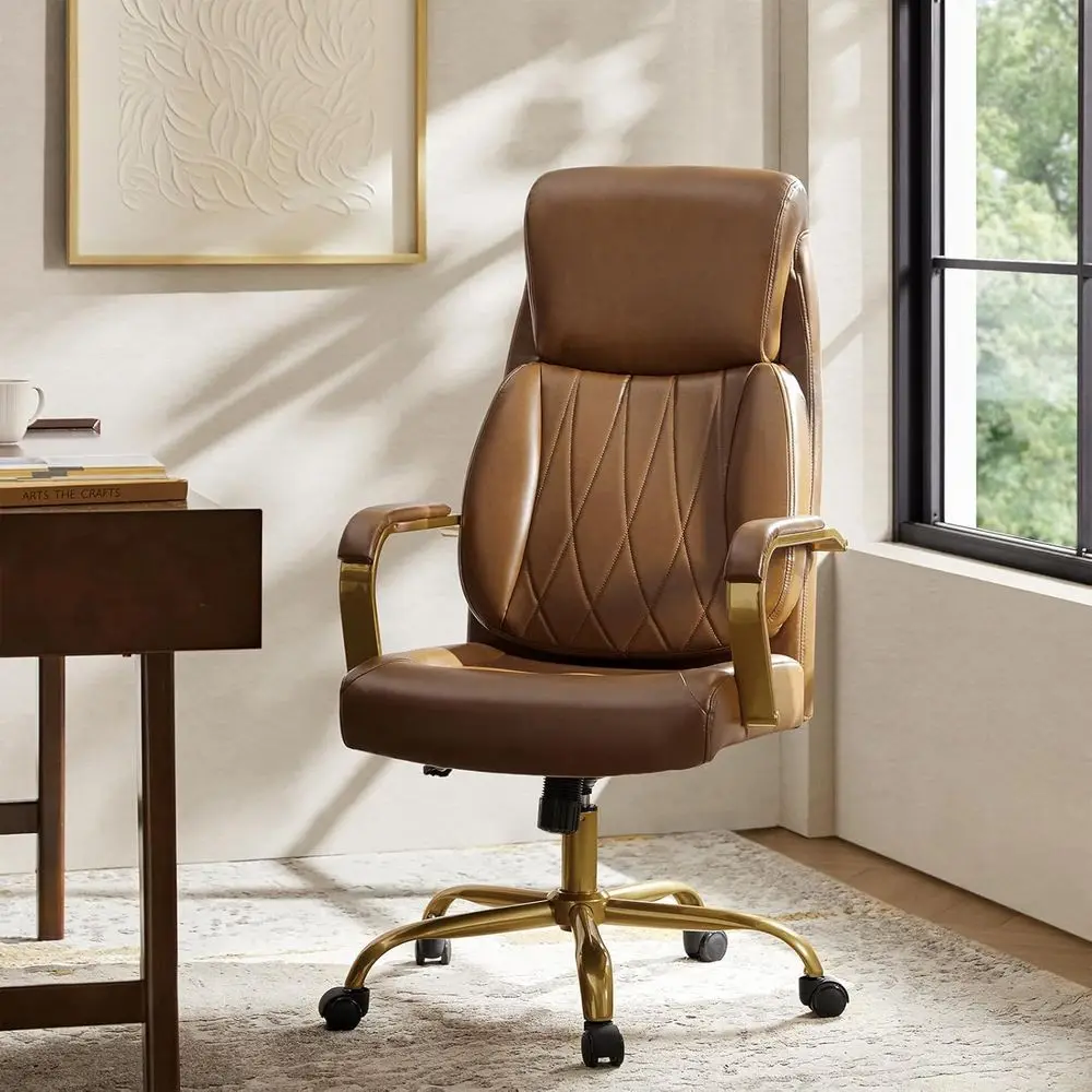 Ergonomic Executive Office Chair with Camel and Gold Leather, Adjustable Lumbar Support and Padded Swivel Armrests
Ergonomic Executive Office Chair with Camel and Gold Leather, Adjustable Lumbar Support and Padded Swivel Armrests