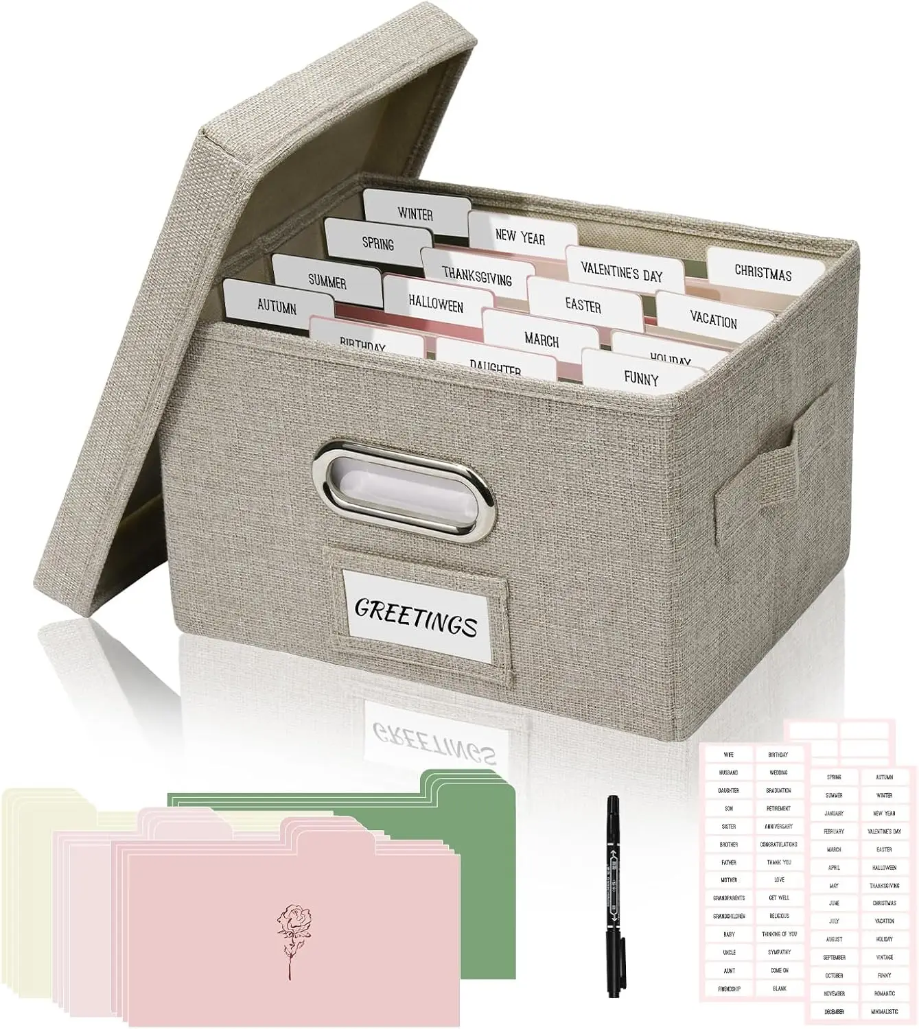 Linen Storage Box with 16 Adjustable Dividers for Greeting Cards, Envelopes, Photos - Beige
Linen Storage Box with 16 Adjustable Dividers for Greeting Cards, Envelopes, Photos - Beige
