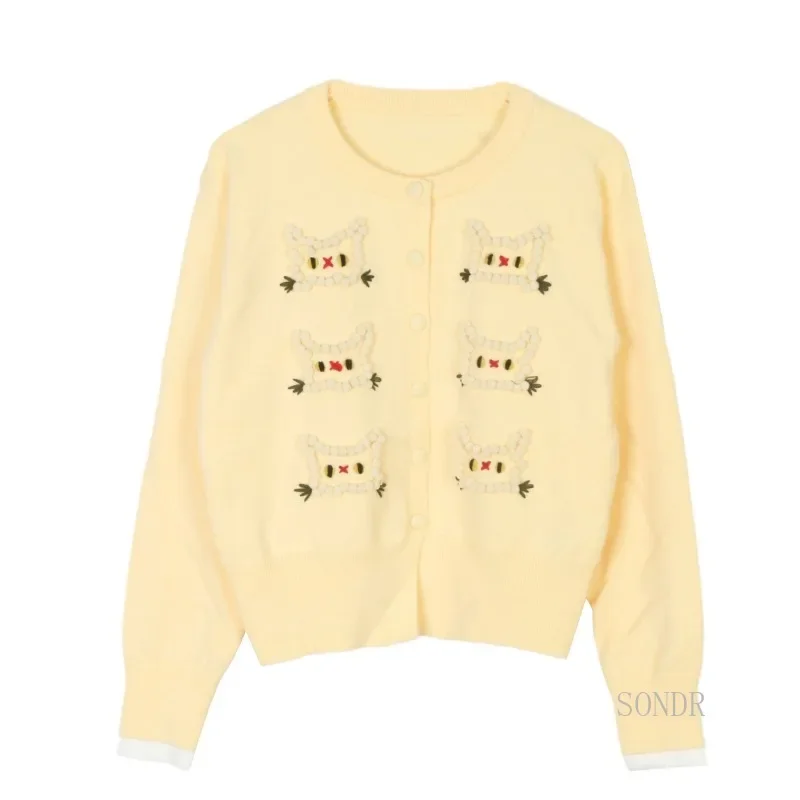Wihte Cardigan Women 2024 Autumn Winter Cartoon Cat Hand Hook Knitted Cardigan Round Neck Loose Thick Sweater Jacket Black Tops
Wihte Cardigan Women 2024 Autumn Winter Cartoon Cat Hand Hook Knitted Cardigan Round Neck Loose Thick Sweater Jacket Black Tops