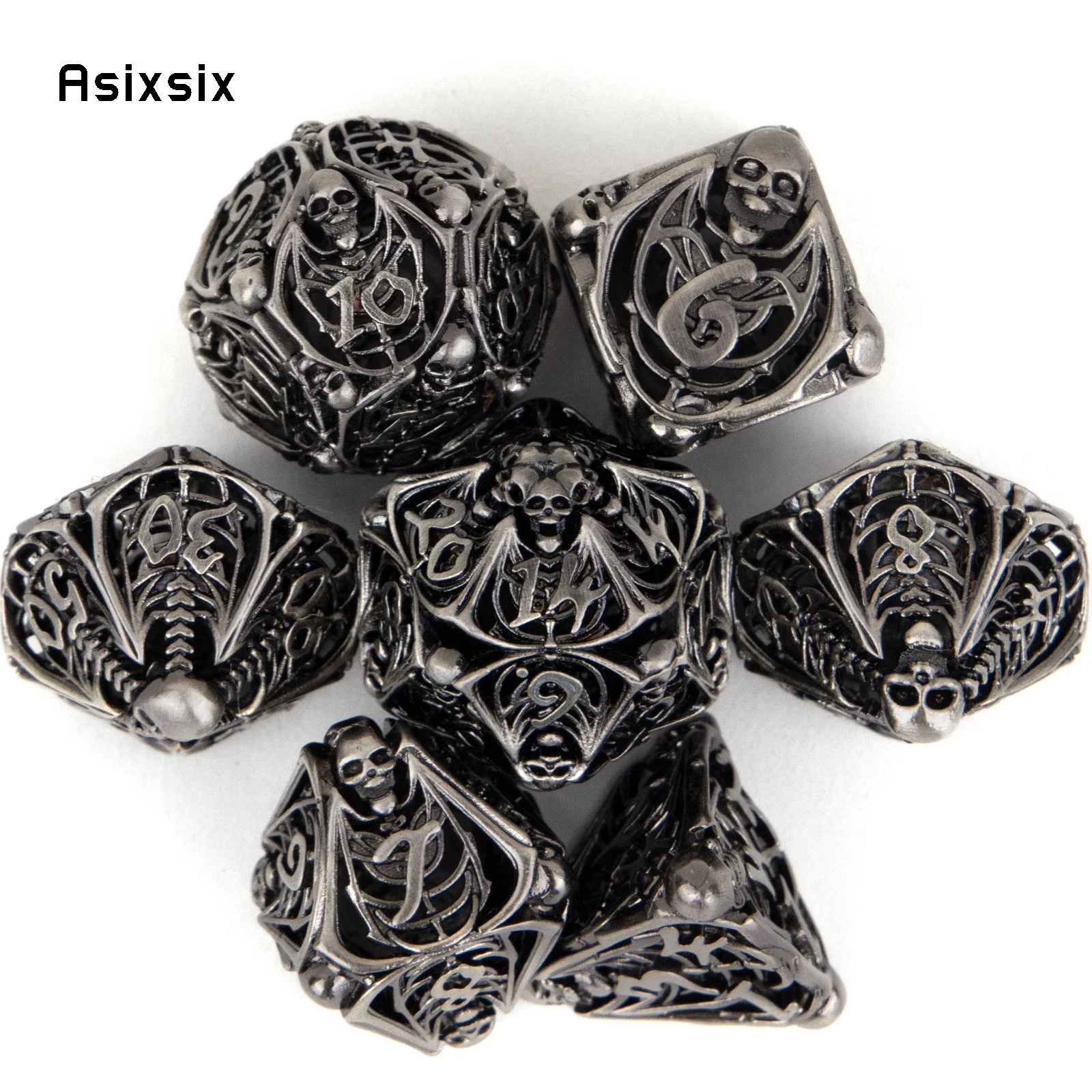 7 Pcs Silver Skull Metal Dice Hollow Metal Polyhedral Dice Set Suitable for Role-Playing RPG Board Game Card Game
7 Pcs Silver Skull Metal Dice Hollow Metal Polyhedral Dice Set Suitable for Role-Playing RPG Board Game Card Game