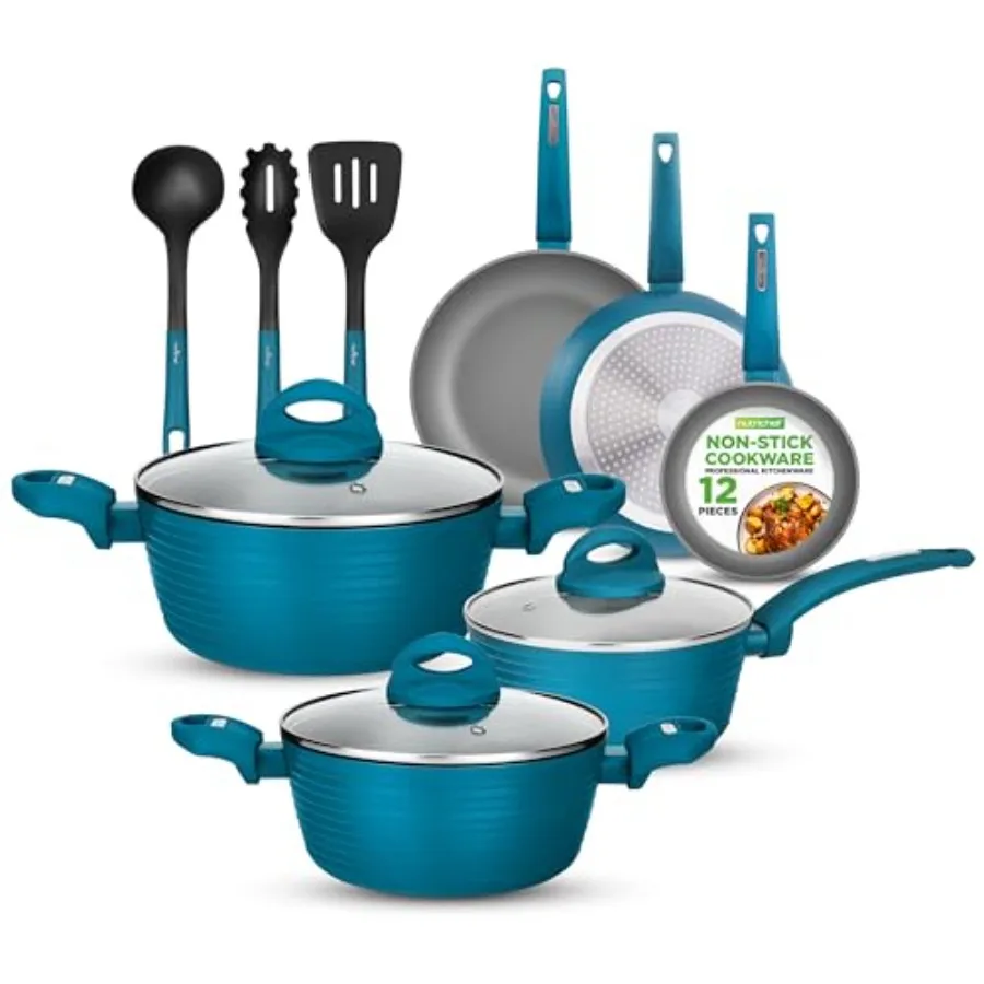 Professional 12-Piece Nonstick Cookware Set with PFOA/PFOS-Free Heat Resistant Lacquer in Teal/Gray/Green for Kitchen Use Multi
Professional 12-Piece Nonstick Cookware Set with PFOA/PFOS-Free Heat Resistant Lacquer in Teal/Gray/Green for Kitchen Use Multi
