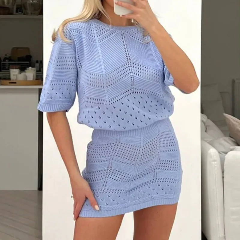 Women Elegant Knitted Hollow Skirt Set Fashion O-neck Pullover Top & Mini Skirt Suit Casual Short Sleeve Solid Loose 2Pc Outfits
Women Elegant Knitted Hollow Skirt Set Fashion O-neck Pullover Top & Mini Skirt Suit Casual Short Sleeve Solid Loose 2Pc Outfits