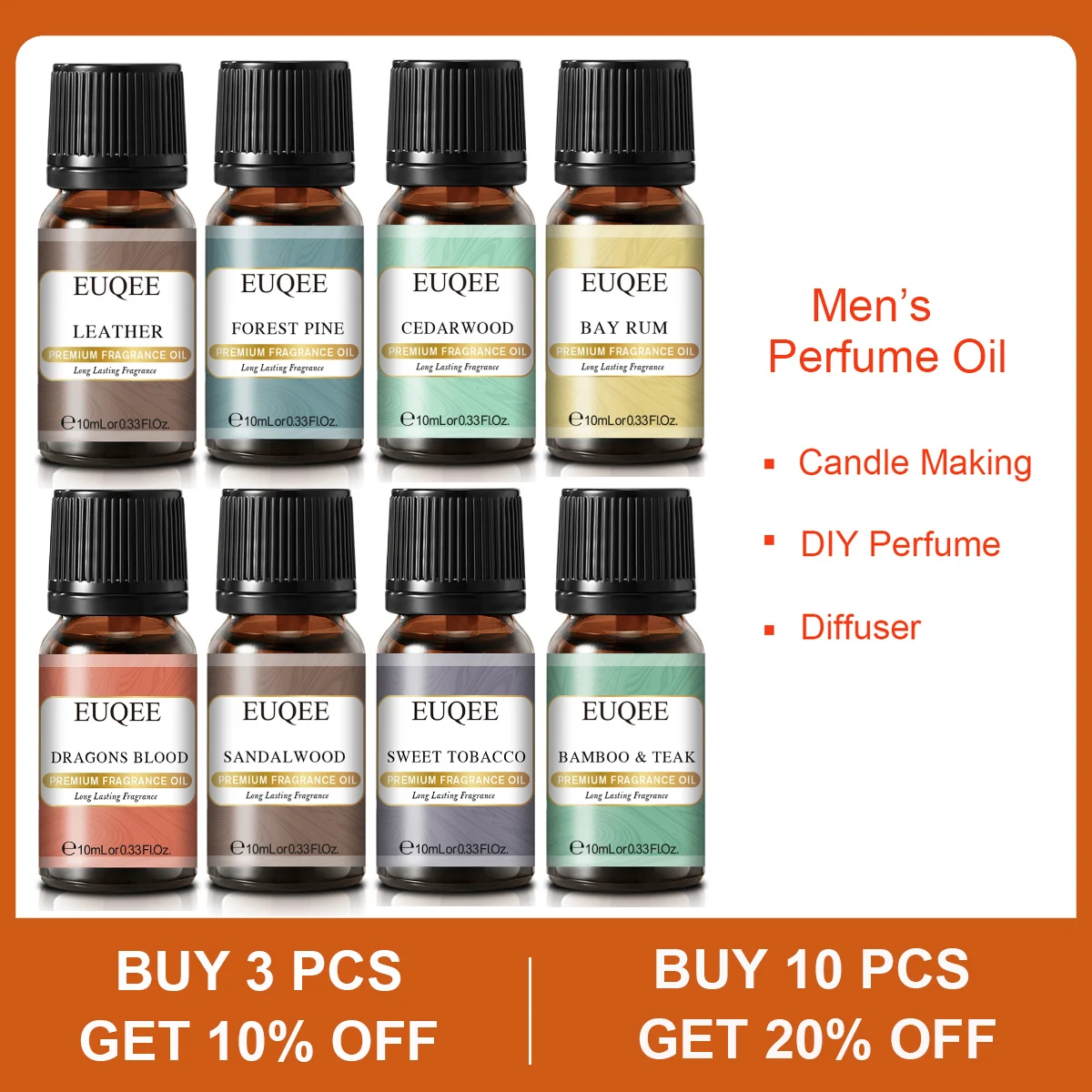 EUQEE Men's Premium Fragrance Oil 10ml Essential Oils for Aromatherapy Leather Sandalwood Forest Pine Coffee For Car Diffuser
EUQEE Men's Premium Fragrance Oil 10ml Essential Oils for Aromatherapy Leather Sandalwood Forest Pine Coffee For Car Diffuser