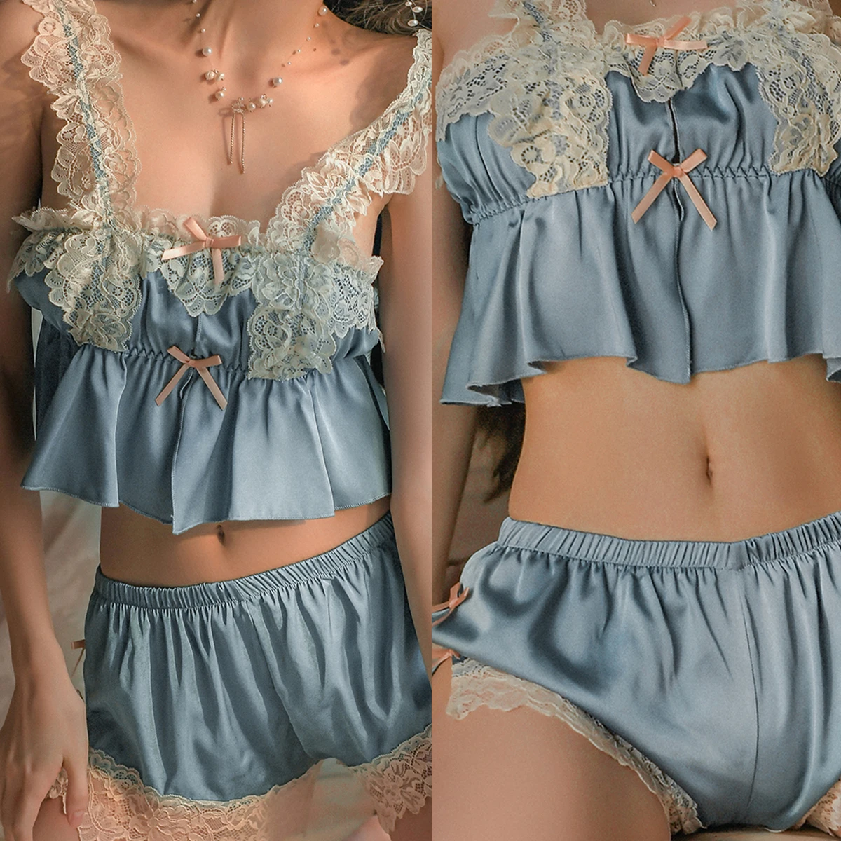 Летний тонкий стильный комплект для взрослых и женщин, новый синий модный простой облегающий кружевной сексуальный и красивый пижамный комплект с галстуком-бабочкой
Летний тонкий стильный комплект для взрослых и женщин, новый синий модный простой облегающий кружевной сексуальный и красивый пижамный комплект с галстуком-бабочкой