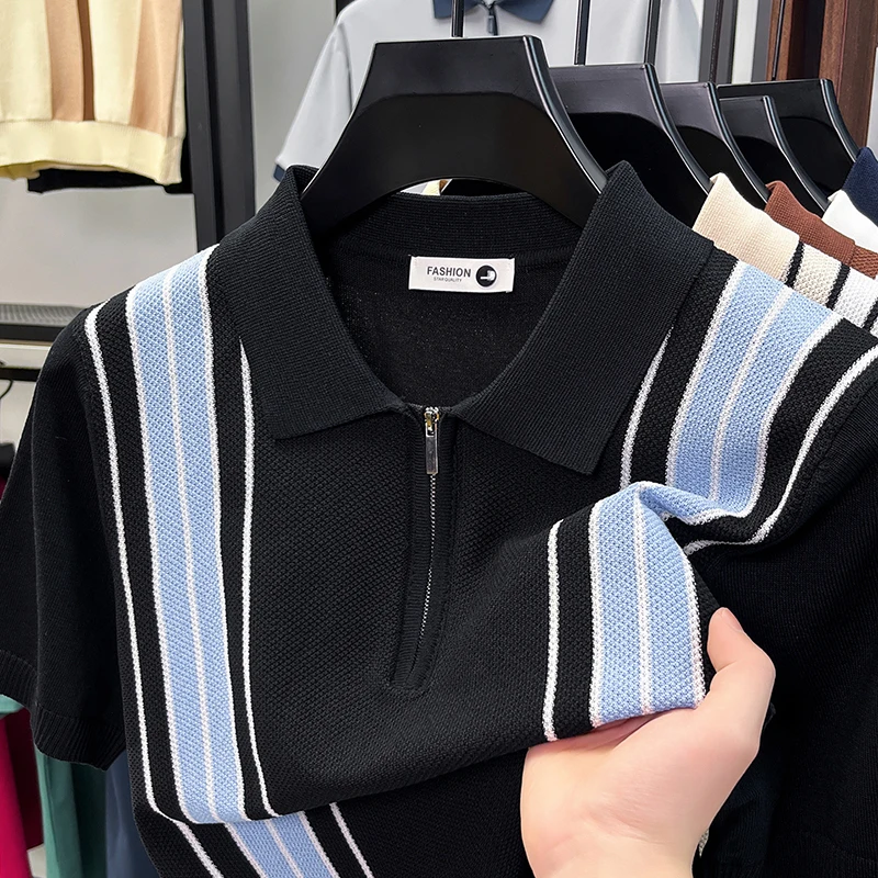 High Quality Vintage Style Striped Jacquard Short Sleeved Knitted Shirt with Contrasting Colors, Men's Breathable Polo Shirt
High Quality Vintage Style Striped Jacquard Short Sleeved Knitted Shirt with Contrasting Colors, Men's Breathable Polo Shirt