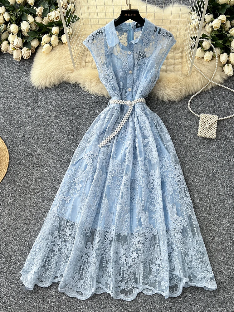 Summer Women's Lace Mesh Dress New Apricot Blue Fashion Elegant Birthday Party Medium Long Large Swing Sleeveless Dress C285
Summer Women's Lace Mesh Dress New Apricot Blue Fashion Elegant Birthday Party Medium Long Large Swing Sleeveless Dress C285