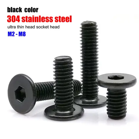 M2 M2.5 M3 M4 M5 M6 M8 Black 304 Stainless Steel Allen Hexagon Ultrathin Head Bolt Hex Socket Ultra Thin Flat Wafer Head Screw